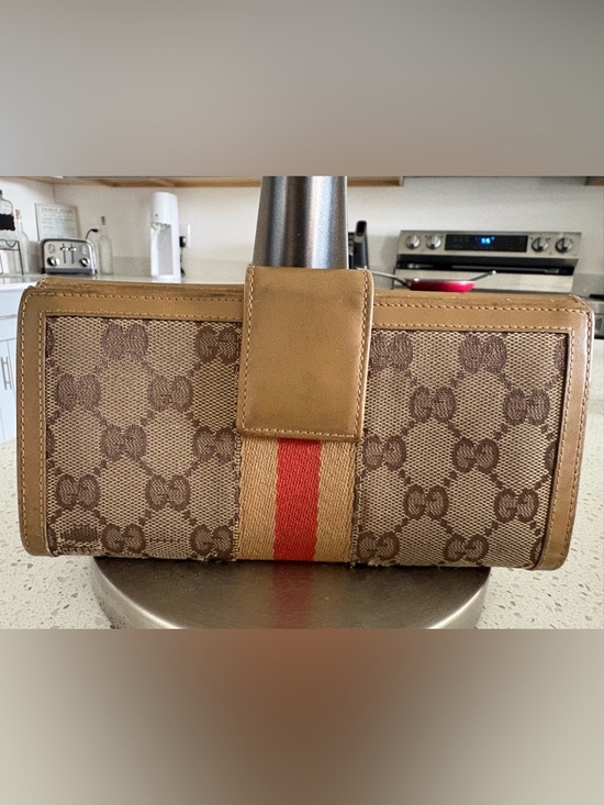Gucci Handbags - Vintage Gucci Beige Monogram Canvas Wallet with Red Web Stripe